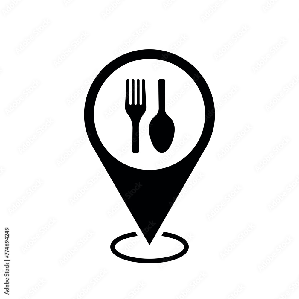 Sticker restaurant location map pointer, fork and spoon icon with location pin, black symbol isolated on whi