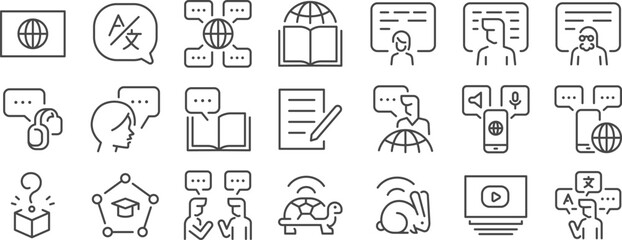 Language school icon set. It includes languages, study, class, lessons, learning, and more icons. Editable Vector Stroke. - 774694447