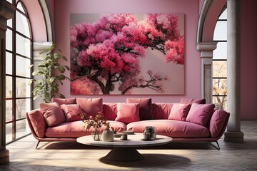 stylist and royal living room in pink with velvet sofa,Octane Render