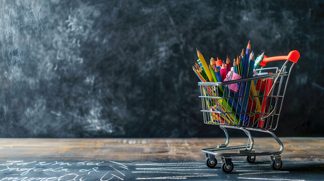 A shopping cart full of school supplies against a blackboard background with space for copy