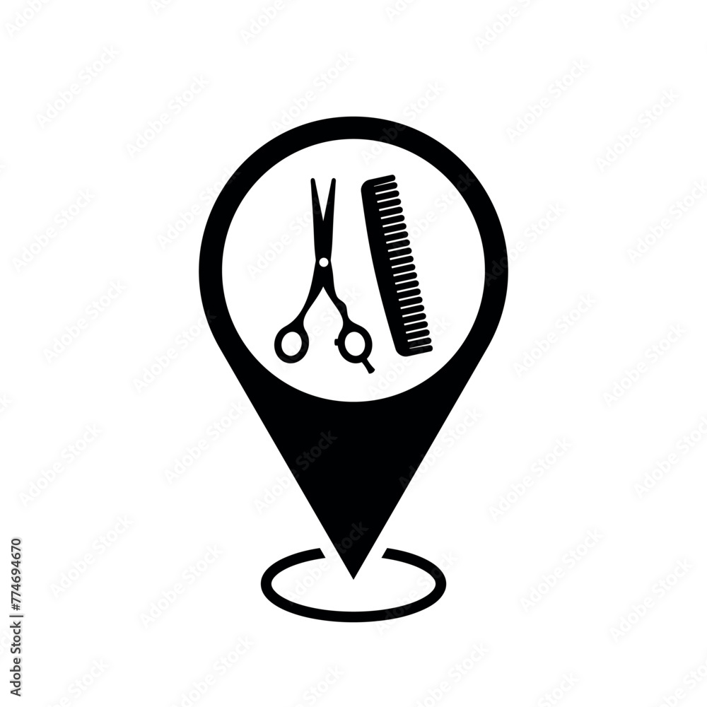 Sticker hair salon location map pointer, scissors and comb icon with location pin, black symbol isolated on 