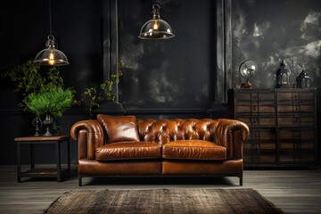 stylist and royal living room with brown leather sofa, space for text, photographic