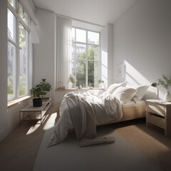 Close up of bed with white bedding against open window. Scandinavian interior design of modern bedroom with abundant natural light, lush greenery, cozy feel with corner table and large front window