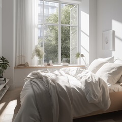 Close up of bed with white bedding against open window. Scandinavian interior design of modern bedroom with abundant natural light, lush greenery, and cozy feel