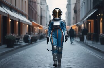 A woman in a protective spacesuit walks through the city, futuristic concept