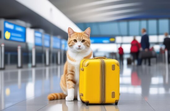  cat with a yellow suitcase sits at the airport, humorous vacation concept