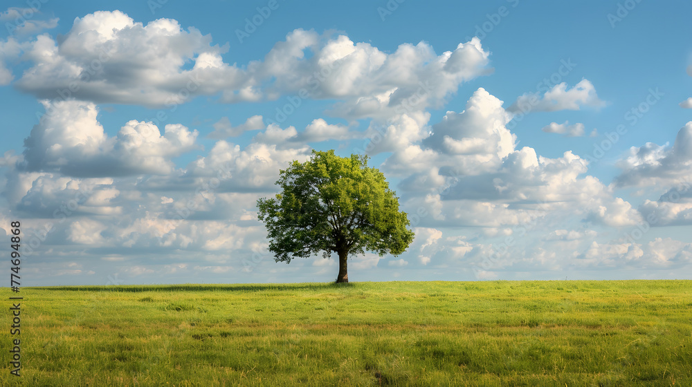 Aufkleber a single tree stands alone in the middle of an open field under a blue sky with clouds