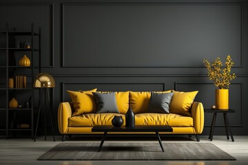 stylist and royal Luxury dark living room interior background, black empty wall mock up