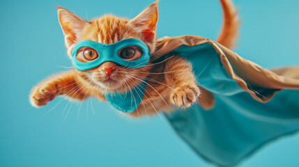 A superhero cat in a costume rushes to the rescue on a blue background. Help in the treatment of mental illness, pain and tension relief, peace and restful sleep