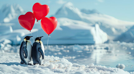 penguins with red heart balloons in snow World penguin day April 25, Penguin Awareness Day banner, poster, greeting card, party card, invitation, template, advertising, campaign, and social media.