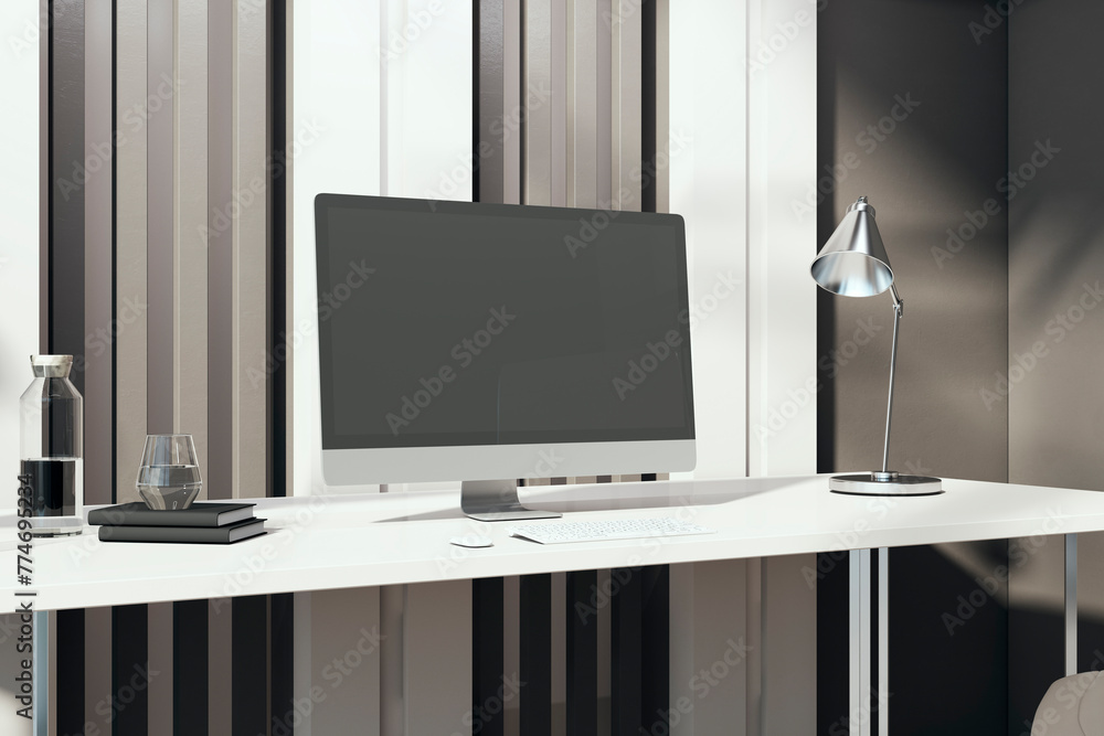 Leinwandbilder close up of modern designer workplace with empty mock up computer screen. 3d rendering.