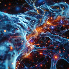 Illustration of the Big Bang with cosmic web filaments stretching out, colorful and detailed, astronomical and expansive , sci-fi tone, technology