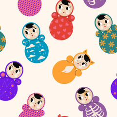 Set of various colored Roly-Poly, tumbler doll. Seamless pattern. Trendy vector illustration. - 774695219