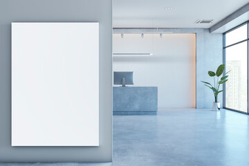 Modern concrete office reception with empty white mock up banner and panoramic window with city view. Workplace concept. 3D Rendering. - 774695231