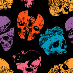 Skulls with with fly agaric. Seamless Pattern on the black background. Vector illustration. - 774695244
