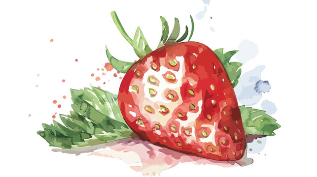 Watercolor illustration of a red strawberry with leave