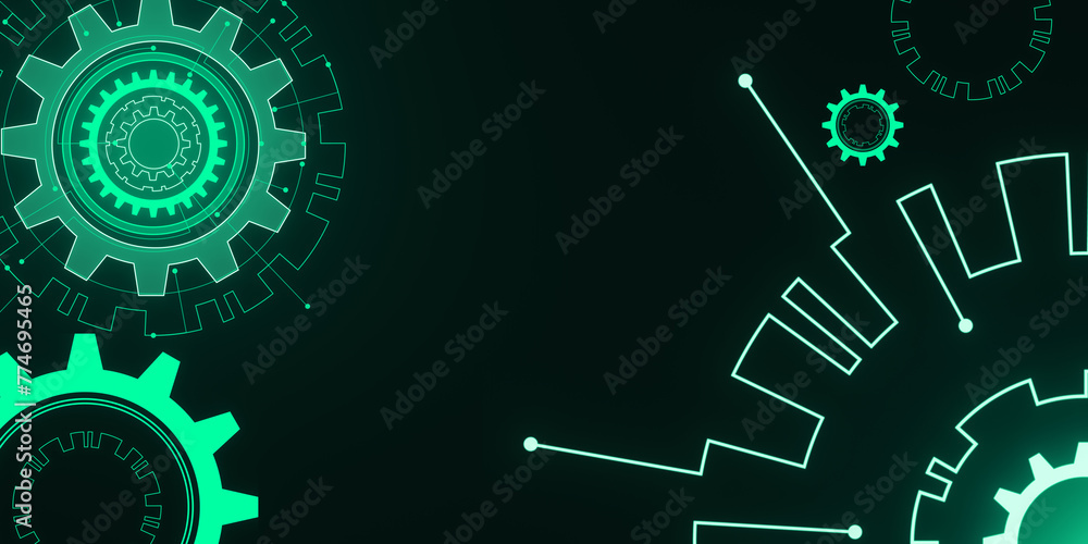 Poster creative digital cogs on blue backdrop. factory, production and machinery concept. 3d rendering.