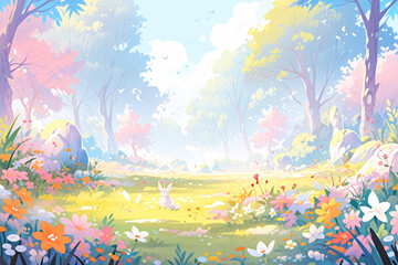 Cartoon spring outing and green plant scenery illustration, Beginning of Spring concept scene illustrationCartoon spring outing and green plant scenery illustration, Beginning of Spring concept scene 