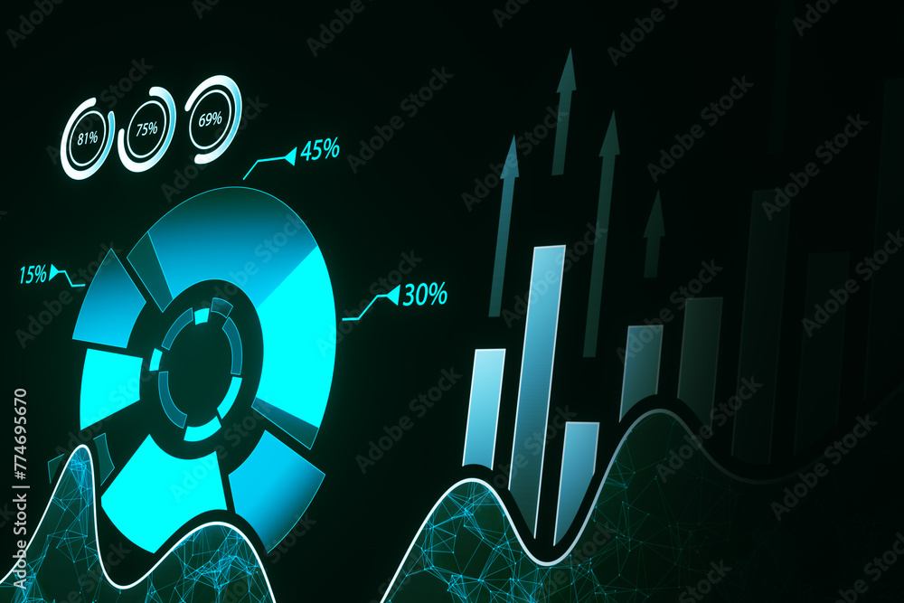 Poster creative digital business pie chart on dark backdrop. glowing stock market analysis and big business