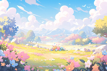 Cartoon spring outing and green plant scenery illustration, Beginning of Spring concept scene illustrationCartoon spring outing and green plant scenery illustration, Beginning of Spring concept scene 
