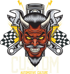Vector Illustration of Devil Face with Piston, Two Wrench and Flags with Vintage Illustration Available for Logo Badge