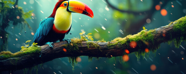 Fototapeta premium Toco toucan colorful bird (Ramphastos toco). Beautiful toucan bird in natural habitat. wide banner.