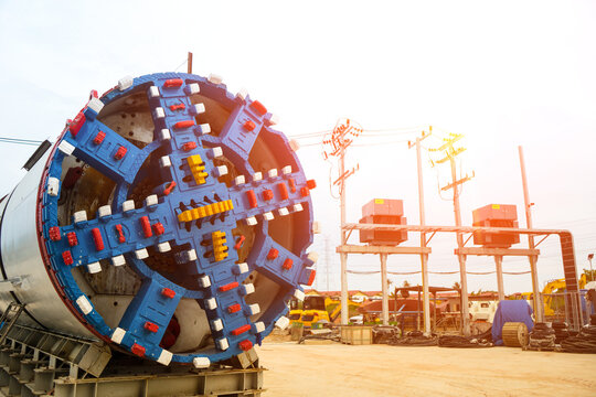 Colorful of cutter head of a Tunnel boring machine (TBM) look like brick building game. Machine for underground drill at construction site.