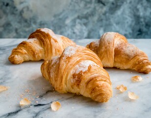 Freshly baked croissants with a perfect golden crust, sitting on a cool marble countertop, with flakes of pastry scattered around, suggesting their buttery texture.