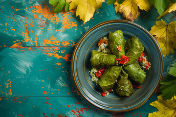 Dolma (grape leaves stuffed with rice and herbs, sometimes meat) - obrazy, fototapety, plakaty