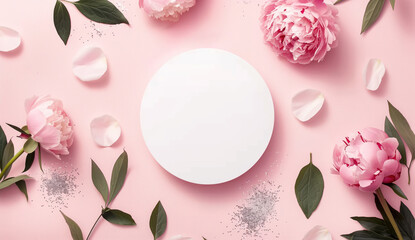 circular, round white empty frame on pastel pink 
background with floral leaf decoration, copy...