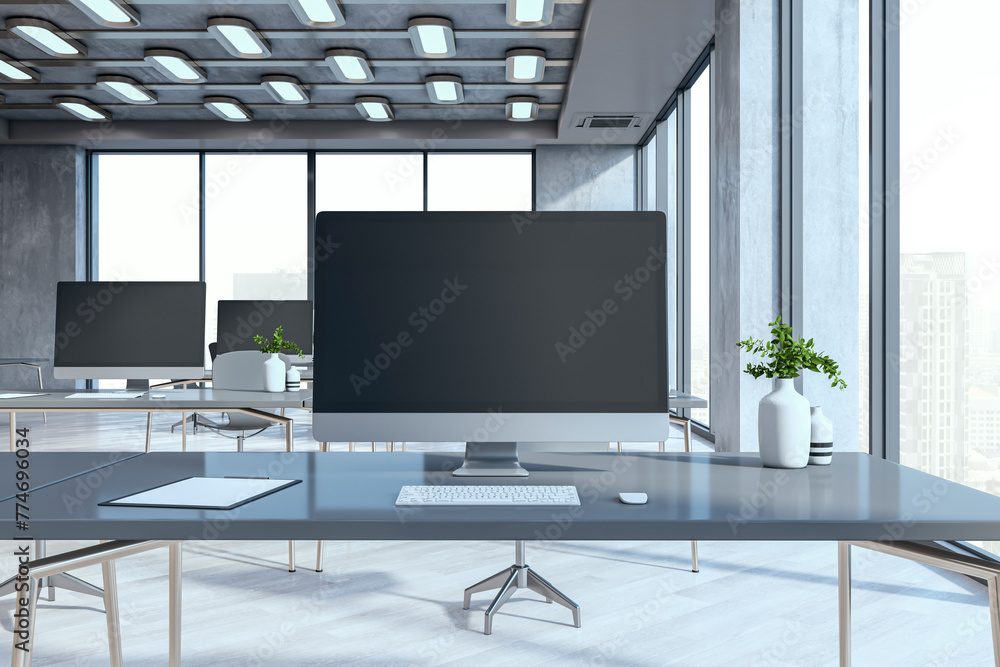Aufkleber Close up of bright designer workspace with empty mock up computer display. 3D Rendering.