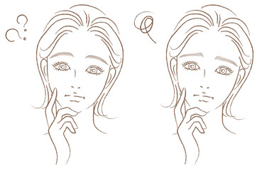 困った女性の顔アップのイラストセット　きれいめ手描き　線画のみ
