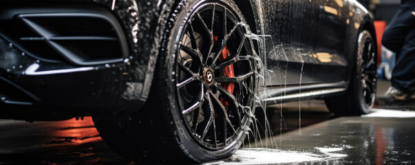 Black sport car wheel detail covered with shampoo ready to clean. Car Tire or alluminium wheel wash. copy space for text.