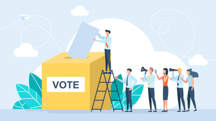 People waiting in line to vote at election. Crowd of people go to the polls to vote. Referendum. Citizens stand in queue signing for petition with signatures. Election day voters. Flat illustration - obrazy, fototapety, plakaty