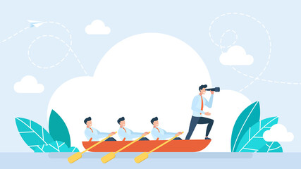 Leadership to lead business in crisis, teamwork or support to achieve target, vision or forward strategy for success. People in boat. Businessman Leader looking through telescope. Flat illustration