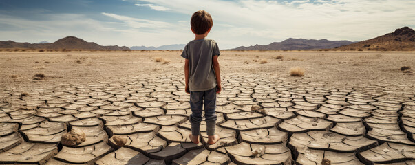 Small boy standing on dry lake or land. enviroment concept. cracked earth panorama photo. - obrazy, fototapety, plakaty