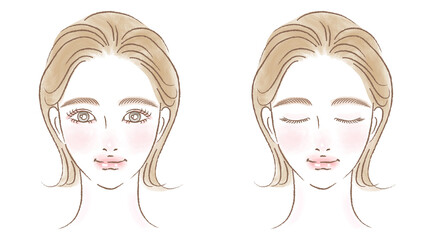 女性の顔アップのイラストセット　きれいめ手描き　水彩風