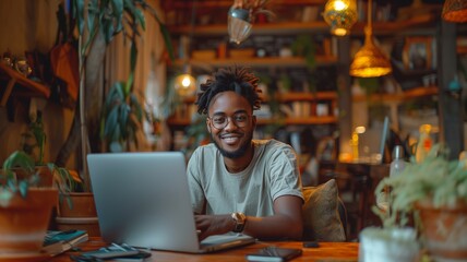 Fototapeta premium Portrait of a smiling young man working on laptop while sitting in a cafe