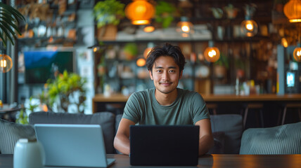 Portrait of a smiling young man working on laptop while sitting in a cafe