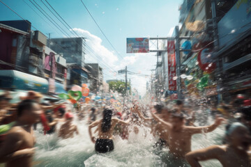 Thai people and tourist playing water and having fun at Songkran festival, Water festival, The tradition Thai new year - obrazy, fototapety, plakaty