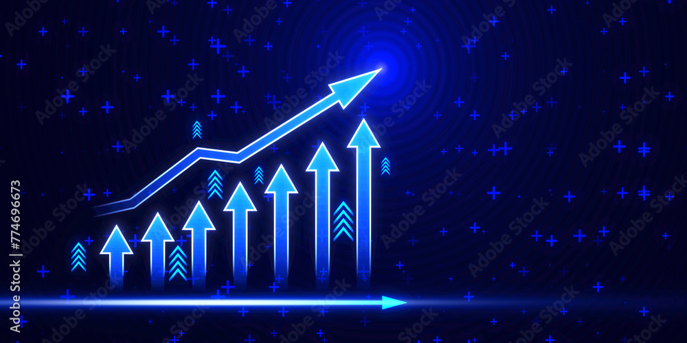 Aufkleber rising arrows on a digital blue background, symbolizing growth in technology and network sectors, ab
