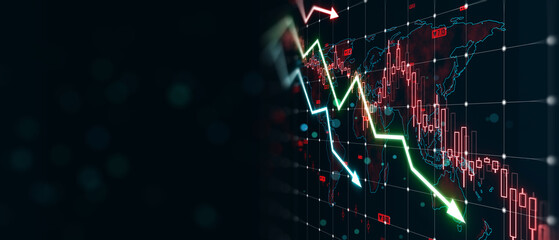 Digital stock market graph with downtrend arrows depicting a financial crisis, on a dark background with a concept of economy collapse. 3D Rendering - obrazy, fototapety, plakaty