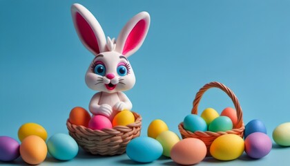 Animated Bunny Figure Surrounded by Colorful Easter Eggs on a Vibrant Blue Background