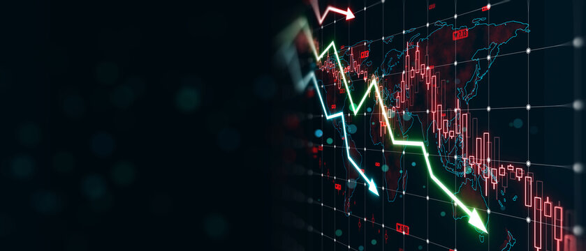 Digital stock market graph with downtrend arrows depicting a financial crisis, on a dark background with a concept of economy collapse. 3D Rendering