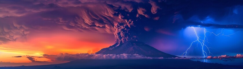 Silhouette of a volcano against a backdrop of lightningfilled ash clouds, ominous and striking in a twilight environment