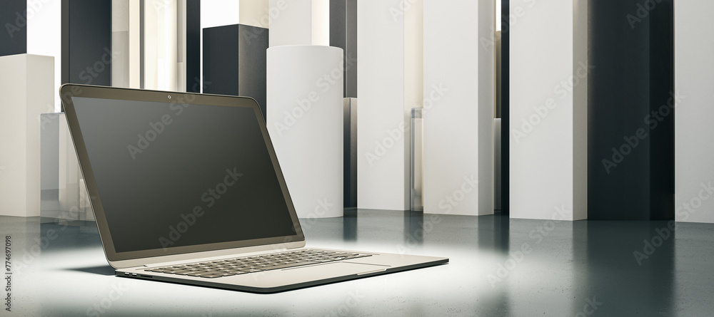 Poster An open laptop in a minimalistic setting with geometric shapes, displayed on a light grey surface and background, concept of modern technology. 3D Rendering