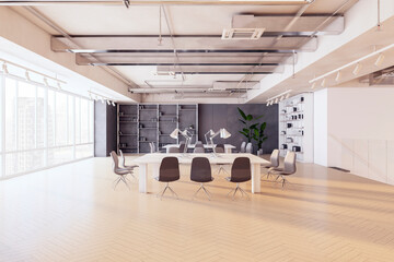 Modern office interior with a long table, chairs, bookshelves, bright natural light, and a city view background, concept of workspace. 3D Rendering