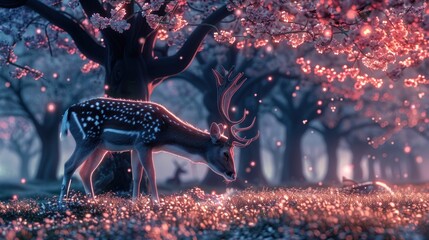 Horned deer graze in a field surrounded by cherry trees that glow at night.