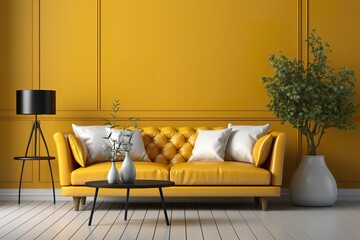 Fototapeta na wymiar stylist and royal simple room interior render yellow color presentation with white leather sofa 3d render