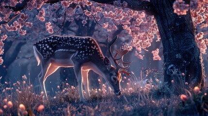 Horned deer graze in a field surrounded by cherry trees that glow at night. - obrazy, fototapety, plakaty